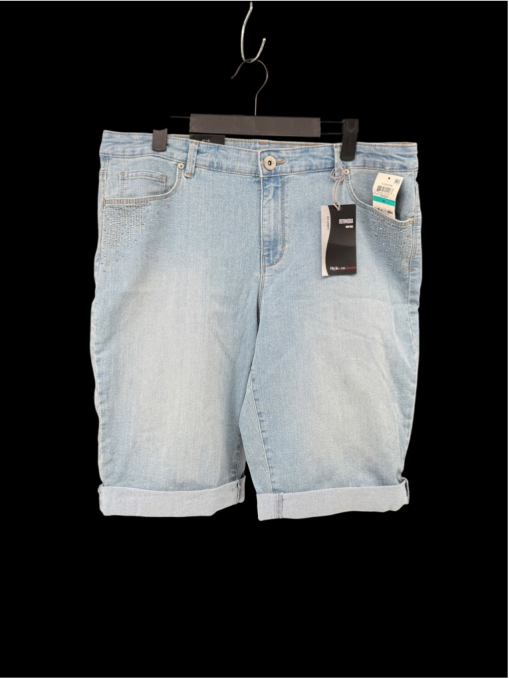Women's Style & Co. Denim Bermuda Shorts Size 16 Light Blue Rhinestone